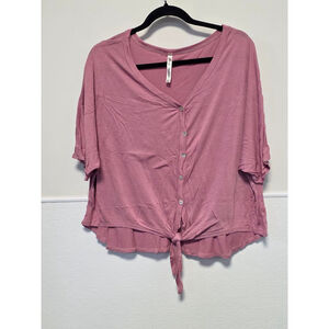 Women's Simply Irresistible Pink‎ 1X V-Neck Button Front Tie Tee